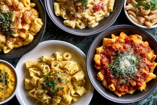 Gourmet pasta dishes arranged in bowls on a dark table in a professional top-down macro shot for restaurant menu and culinary branding