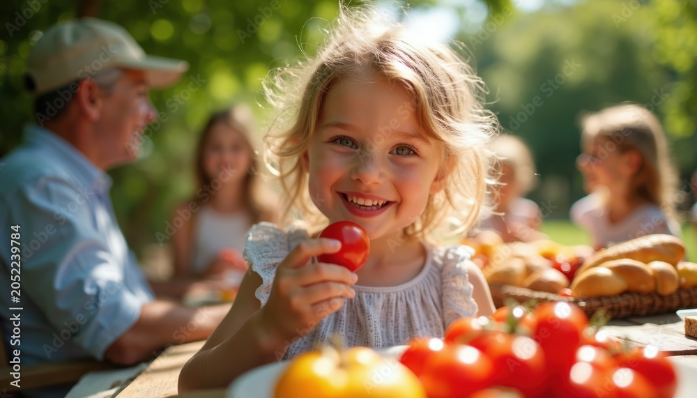 Fototapeta premium Little girl bites into fresh red tomato during outdoor family picnic. Kids enjoy healthy food at sunny garden party with parents. Children share meal on warm summer day.