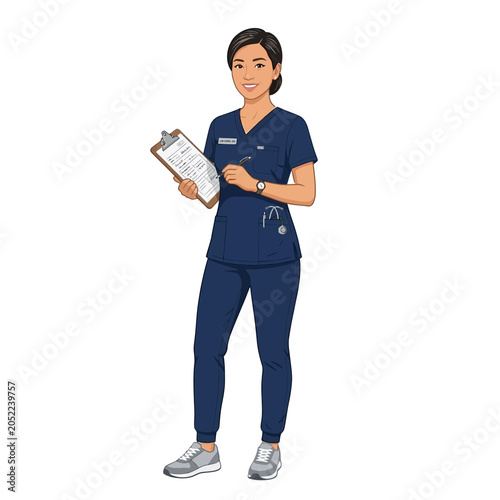 Nurse with clipboard and pen, medical uniform, professional healthcare worker