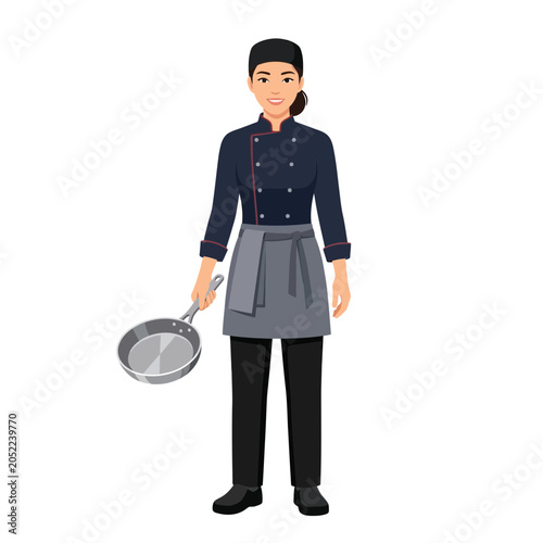 Professional female chef holding frying pan, in uniform, isolated
