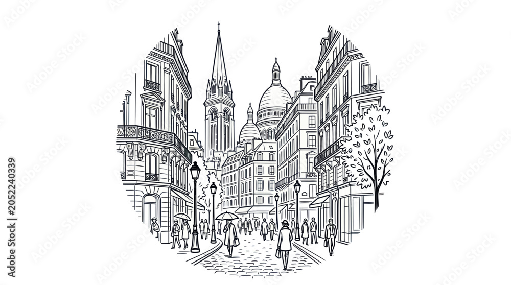Naklejka premium Parisian Street Scene Sketch - Vintage European Cityscape with Buildings and People