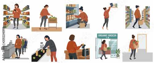 Set of flat vector illustrations showing a woman's grocery shopping journey from browsing aisles to checkout at an organic grocer.