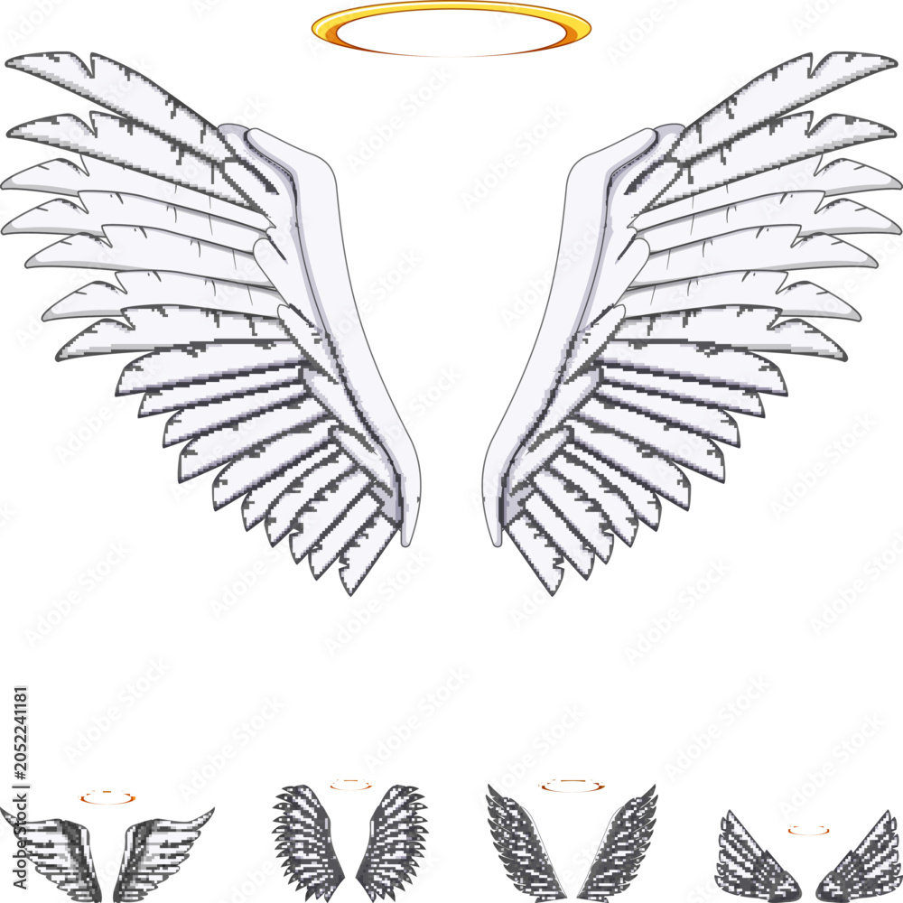 Obraz premium White angel feathers with a glowing golden halo symbolizing spirituality, heaven, purity and protection, ethereal design elements for sacred, peaceful and divine themed projects