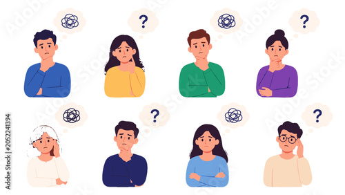 Set of thoughtful people with question marks and tangled thoughts