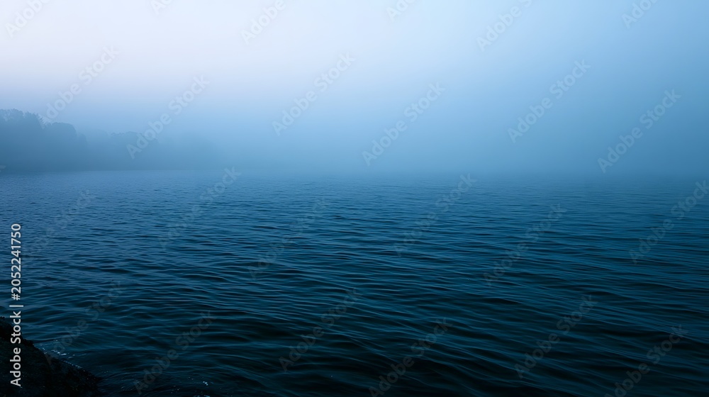 Fototapeta premium A vast expanse of blue sea shrouded in diffused misty light creating a serene and exploratory mood
