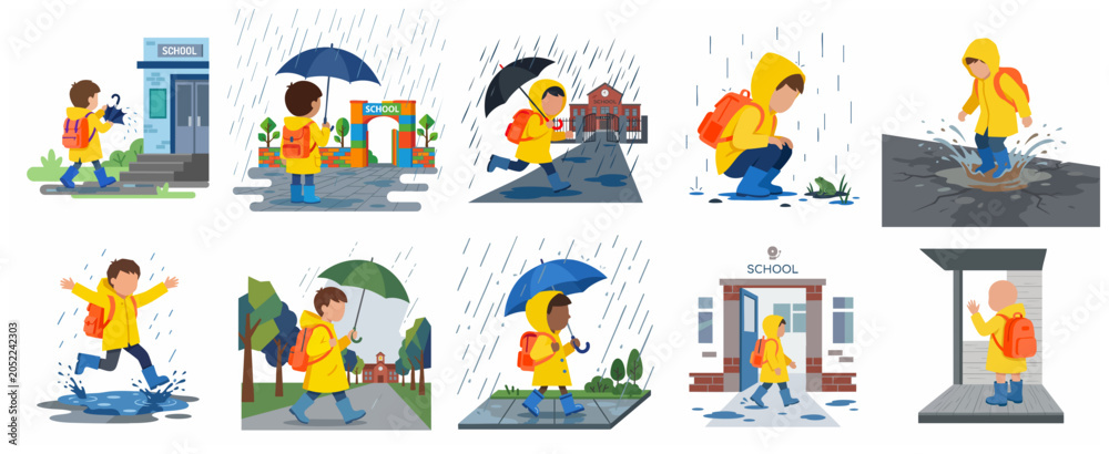 Fototapeta premium Collection of flat vector illustrations of a schoolboy in a yellow raincoat and boots walking to school, jumping in puddles, and using an umbrella on a rainy day.