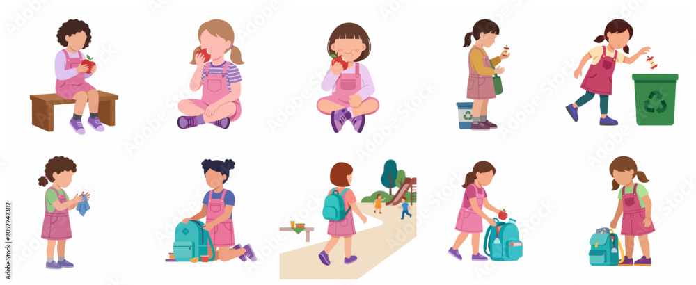 Fototapeta premium Set of little girls school routine illustrations featuring healthy habits hygiene and back to school activities in flat vector style