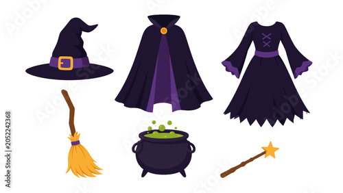 Obraz na plátne Halloween witch costume and magic objects vector set