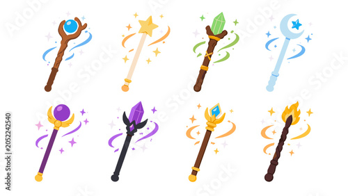 Quadro em tela Set of colorful fantasy magic wands and staffs vector