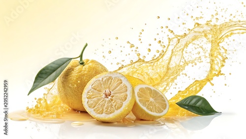 Lemons with green leaves and splashing juice isolated on white background