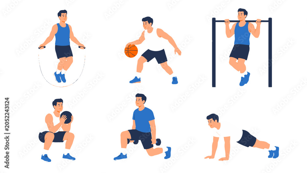 Naklejka premium Men performing different workout exercises in flat vector set