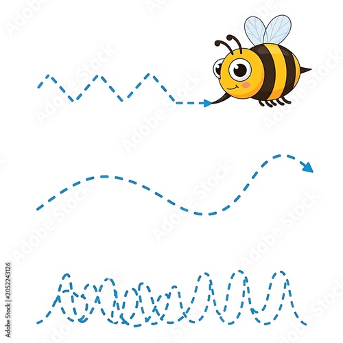 Cute Cartoon Bee Flying with Dashed Blue Path Lines on White Background