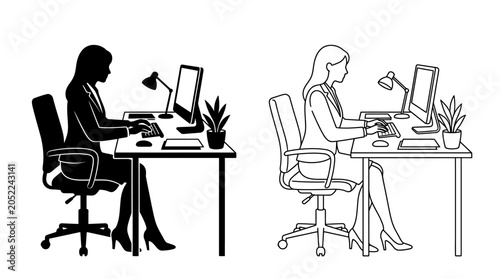 Foto Silhouette Of Woman Working At Desk With Computer Line Art
