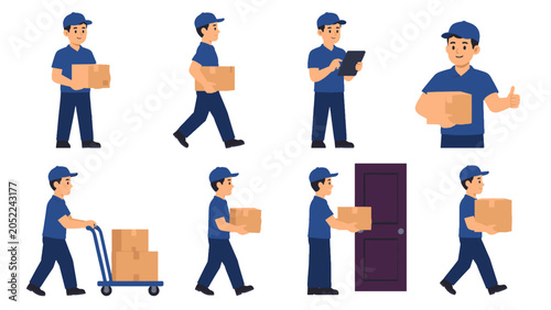 Foto Delivery worker character set with boxes and hand truck