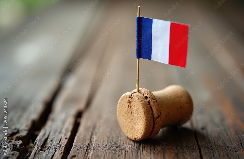 Fototapeta premium French flag on wine cork. Symbol of French wine, champagne, celebration, and tradition. Celebrate wine culture and national pride with this unique image.