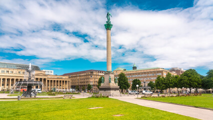 Germany, Baden-Wurttemberg, Stuttgart, Clouds over Schlossplatz with Jubilaumssaule in foreground