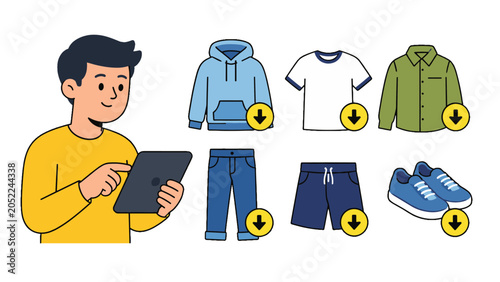 Fotografia Man using tablet with downloadable clothing and shoes icons
