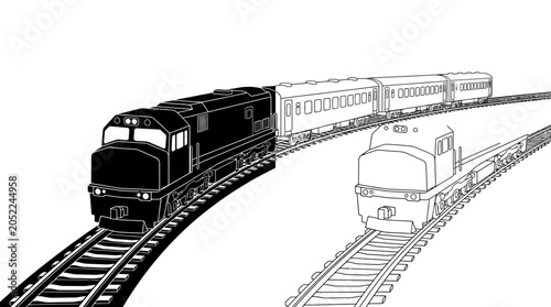 Fotografie Train locomotives and railcars black and white line drawing