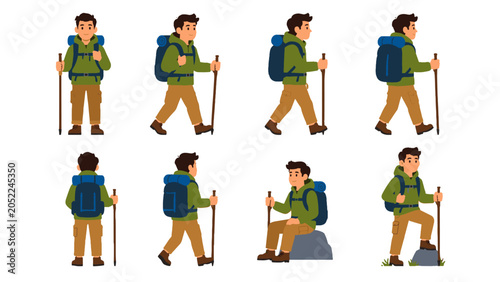 Bild auf Leinwand Cartoon hiker character set with walking and standing poses