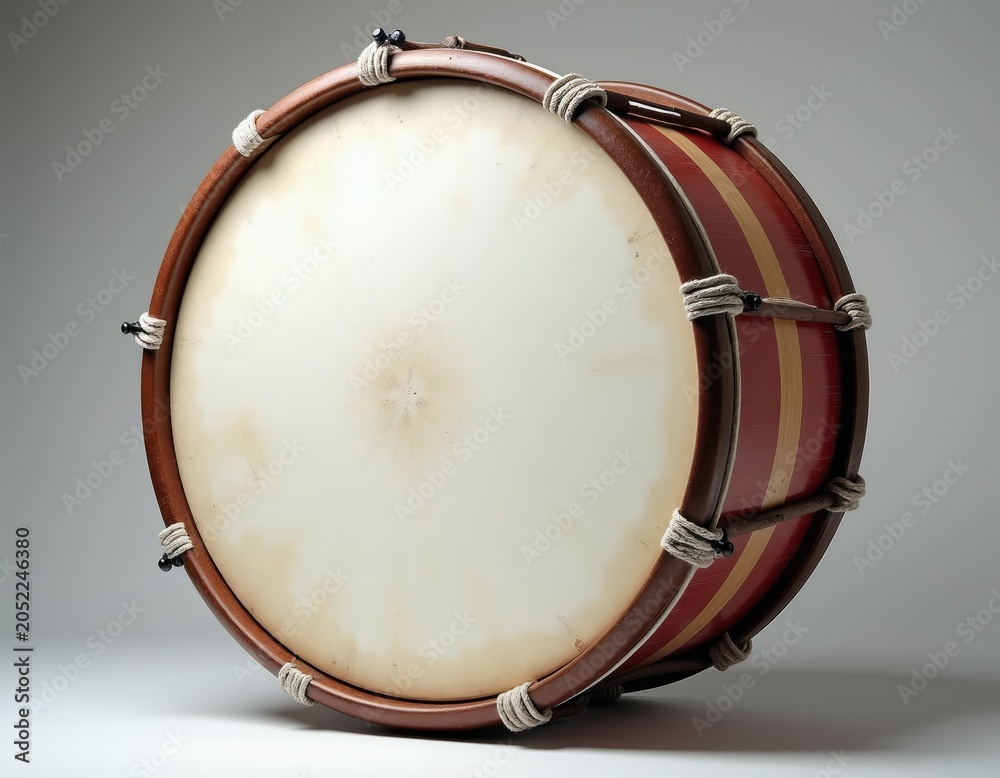 Fototapeta premium Bass drum with white skin and red and yellow striped shell. Wood rim secured with ropes. Percussion instrument for marching band or orchestra. Musical object for rhythmic beat.