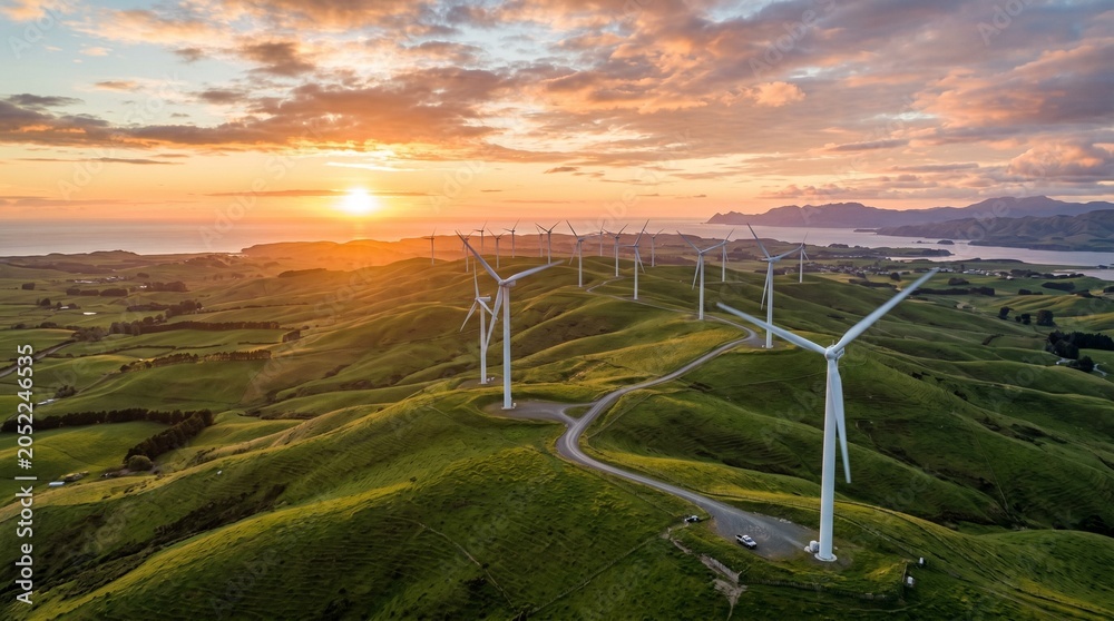 Fototapeta premium Onshore Wind Turbines in Green Landscape at Sunset for Renewable Energy