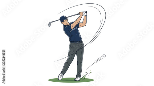 Quadro su tela Golfer Swinging Club, Mid-Shot, Golf Ball in Motion, White Background
