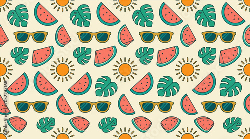 Vibrant Summer Pattern with Tropical Watermelons, Stylish Sunglasses, and Sunny Motifs for Beachy Designs and Warm Season Backgrounds