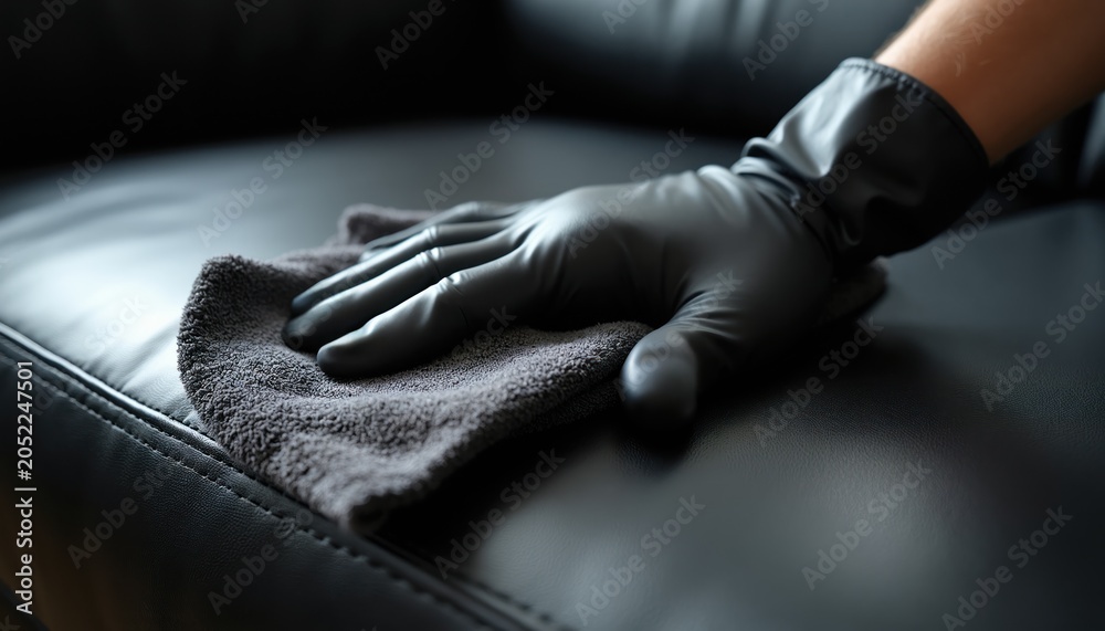 Fototapeta premium Hand in black glove wipes dark leather surface with microfiber cloth. Cleaning furniture with care. Maintaining household items hygiene. Protecting material from dirt.