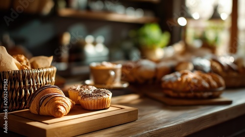 Handcrafted pastries including croissant and muffin displayed on wooden table in a cozy bakery setting with soft natural lighting and warm interior decor