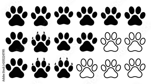 Canvastavla Animal Paw Print Silhouettes Black And White Vector Illustration