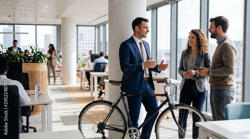 Businessman office bicycle coworker conversation modern professional teamwork standing suit colleague meeting indoor workplace corporate smiling casual window daylight startup open office desk