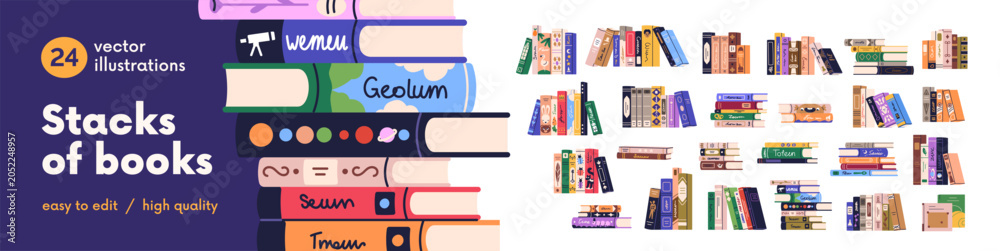 Obraz premium Set of different books. Novels and education literature spines for reading, knowledge, study. Library, encyclopedia, dictionary rows and stacks. Flat vector illustration isolated on white background