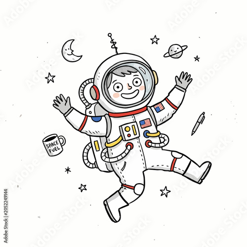 Obraz na plátně Smiling astronaut floating in weightless space with floating mug of fuel and pen vector illustration