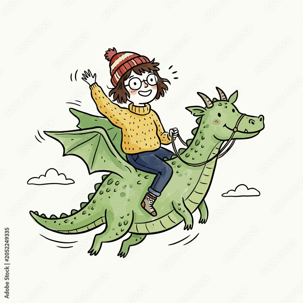 Fototapeta premium Cartoon illustration of girl riding green dragon waving her hand in sky.