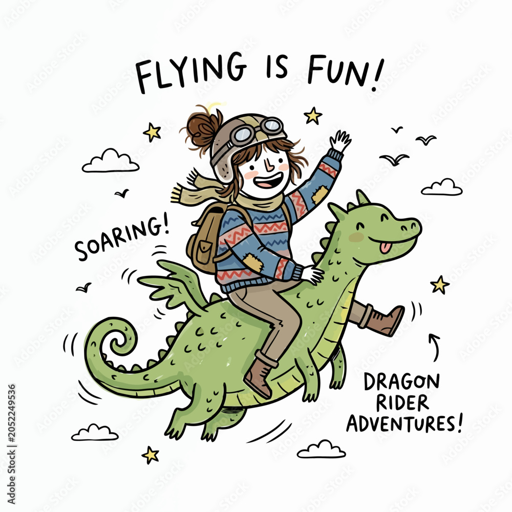 Obraz premium A happy child with a helmet and goggles riding a green dragon in the sky with clouds and stars.