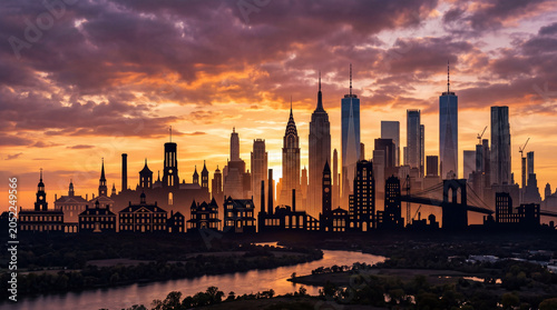 Sunset city skyline silhouette with layered skyline and river reflection