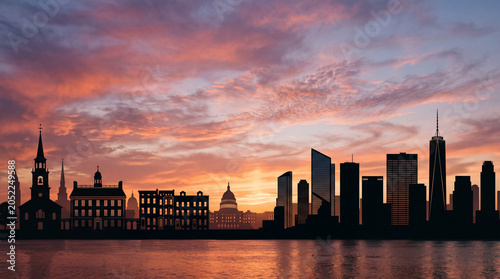 Sunset skyline silhouette over water, layered cityscape with historic church and modern tower, dramatic cloudscape and glowing horizon