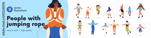People jumping with skipping rope set. Men, women, kids during cardio workout...