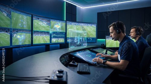 Futuristic football var room with referee and analysts monitoring multiple match screen in dark control center, blue light and digital review interface