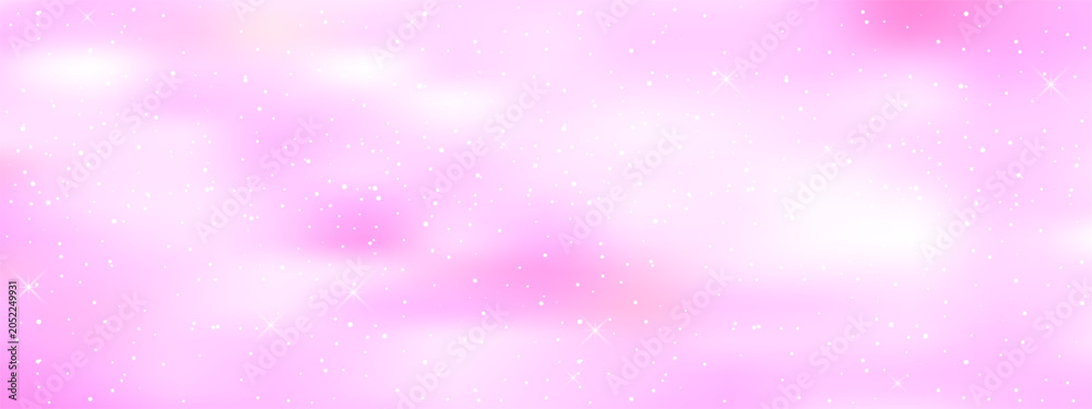 Naklejka premium Pink glitter sky with pastel gradient clouds and sparkles. Cute fantasy background featuring soft bokeh effects, hearts, and dreamy candy colors for magical girl illustrations.