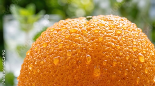 Macro shot of fresh water droplets on bright orange peel