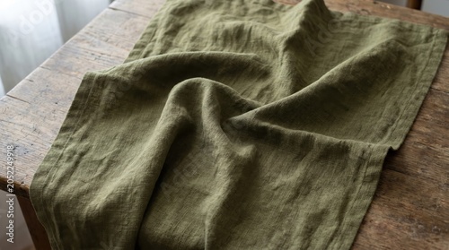 Wrinkled olive green linen fabric texture background with folds