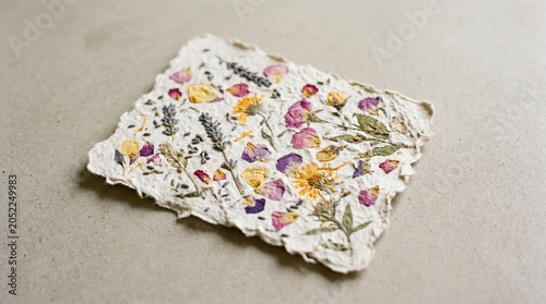 Minimalist handmade cotton paper texture with dried flower petals