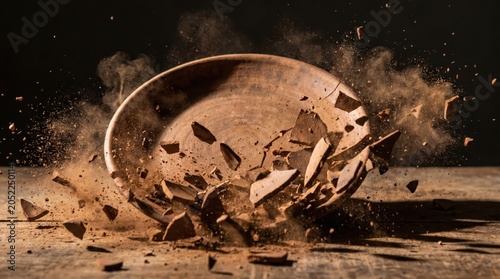 High speed motion shot of a rustic ceramic plate smashing
