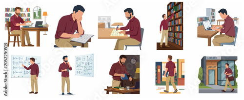 Schilderij op canvas Flat vector illustration of a male student studying in a library, solving math equations, reading books, and using a laptop for academic research