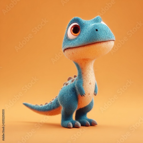Cute Baby Dinosaur Character in Forest Environment. Cute fantasy creature with big eyes, textured skin and friendly expression