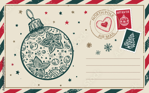 Vintage Christmas Postcard with Holiday Ornaments and Stamps