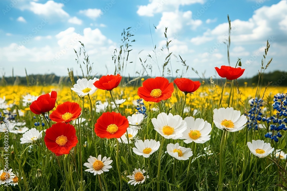 Obraz premium Beautiful rural landscape with vibrant wildflowers under a bright blue sky for serene tranquility.