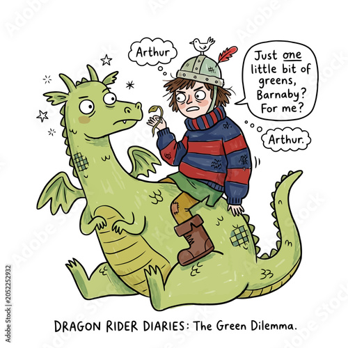 Konstfotografi Cartoon scene of child trying to feed green dragon vegetables.
