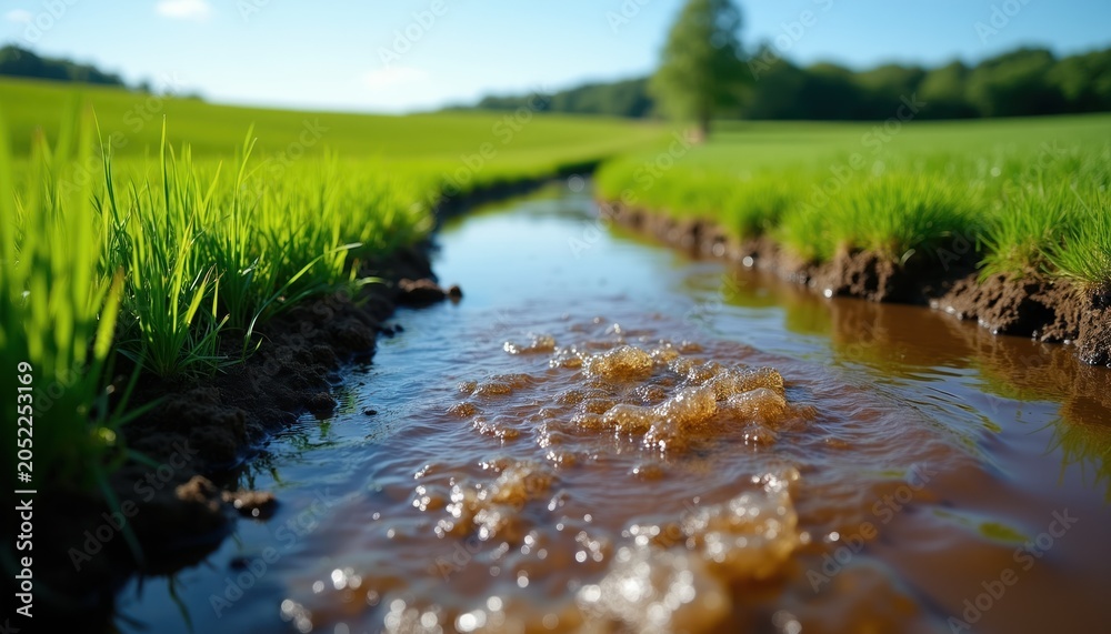 Obraz premium Water flows from farm field into natural stream. Green grass lines the dirt banks under clear blue sky. Agricultural runoff creates small rapids in the water.